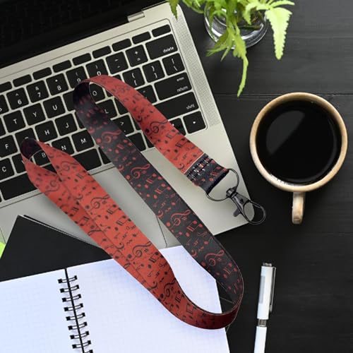 Image of Music Lanyard Keychain - Musical Notes Work ID Lanyard for Keys ID Badges - Black and Red Teacher Lanyards - Gifts for Music Lovers Musician - Lanyards for Cruise Ship Cards - Back to School