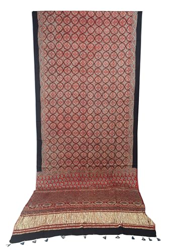 Image of Ethnics of Kutch Womens Ajrakh Modal Silk Natural Dye Golden Border Hand Block Print Saree with Blouse Piece - 5.5 Mtr Length (Red 05C01A)