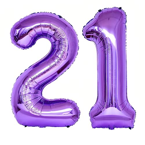 Image of Number 21 Purple Balloons 40 Inch Giant Purple 12 Number Foil Helium Balloons for 12th Purple Birthday Party Supplies 21st Anniversary Events Decorations