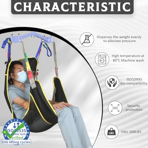 Image of EZ Assistive Patient Lift Sling for Transferring,Positioning,Lifting,Showering - Lifting Sling, Compatible with Most Lifters,with 1pc Easy Slide Glove, Black, Medium