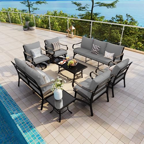Image of 8 Pieces Patio Conversation Sets, All Weather Metal Outdoor Furniture Set with Swivel Rocking Chairs Set, Outdoor Furniture Set with Sectional Sofa Couch Loveseat (Gray Cushions)