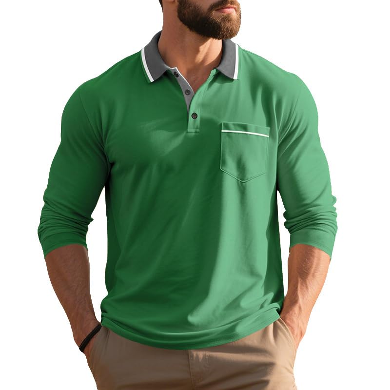 Long Sleeve Polo Shirt for Men Contrast Colored Collar Classic Lightweight Casual Button Up Golf Shirts with Pocket