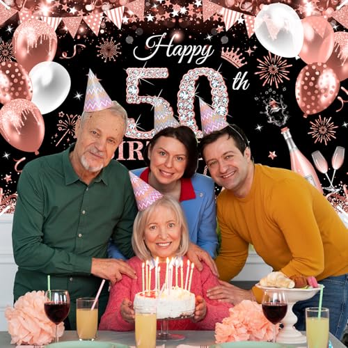 Image of Avezano Happy 50th Birthday Banner for Women Black and Rose Gold Glitter Balloon 50 Birthday Party Backdrop 50 Year Old Bday Photo Backdrop Party Supplies 70.8 x 43.3 Inch