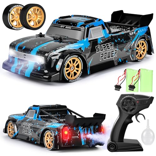 Joellfuner Macchina Telecomandata Drift, 4WD 1:14 RC Drift Car, 25km/h Auto Telecomandata con Nebbia Spray e Luce LED, RC Deriva Race Auto Giocattolo per Bambini di Età Superiore agli 8 Anni (Blu)