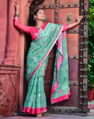 Image of SIRIL Women's Cotton Linen Printed Zari Border Saree with Unstitched Blouse Piece
