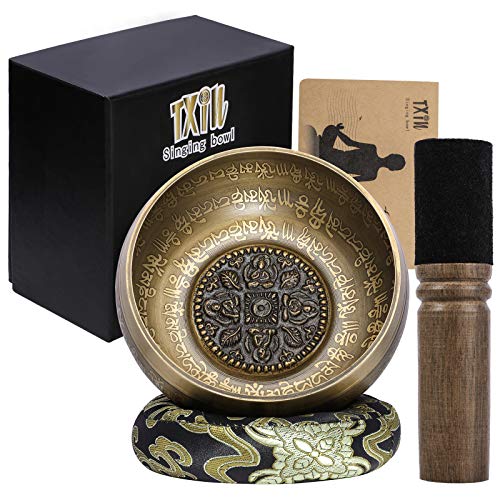 Tibetische Klangschale, Antike Bronze Mantra Gravuren singen Schale Meditation Sound Bowl Set mit Dual Surface Mallet & Seide Kissen, fördert Frieden, Chakra Heilung & Achtsamkeit (4,5", schwarz)