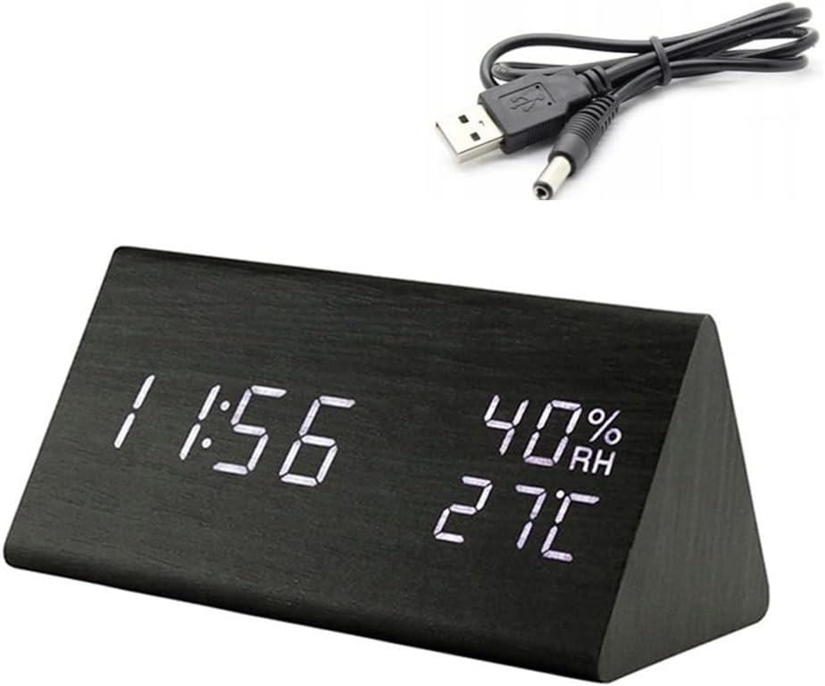 Digital Alarm Clock, Wooden Electronic LED Time Display, 3 Alarm
