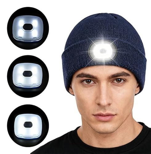 Gorro de Invierno con Luz, Manos Libres Iluminado Gorro, Gorro con luz LED, Gorro cálido de Invierno de Faro, USB Recargable LED Gorras para Correr, para Correr, Caminar, Camping (Azul Oscuro)