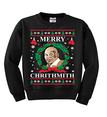 Wild Bobby Merry Chrithmith | Mike Tyson | Kids Unisex Ugly Christmas Crewneck Graphic Sweatshirt, Black, Large