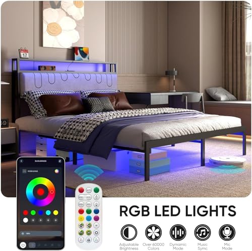 Image of J.Fkne Full Bed Frames with Charging Station and LED Lights, Full Size Platform Bed with Metal Slats, Upholstered Headboard with 2-Tier Storage Shelves, No Box Spring Needed, Easy Assembly, Black