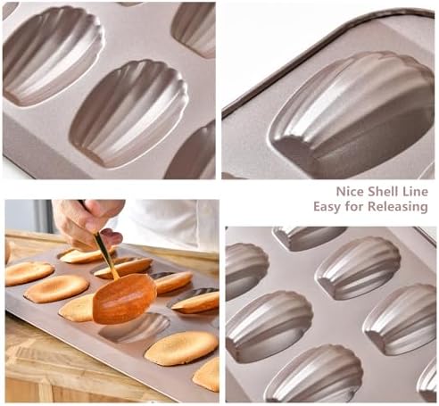 Madeleine Pans for Baking (2-Pack) 12 cup Madlen Mold Makes Shell Shape Cake Cookies Nonstick Carbon Steel Madeline Tray for Oven Gold - Thumbnail 5