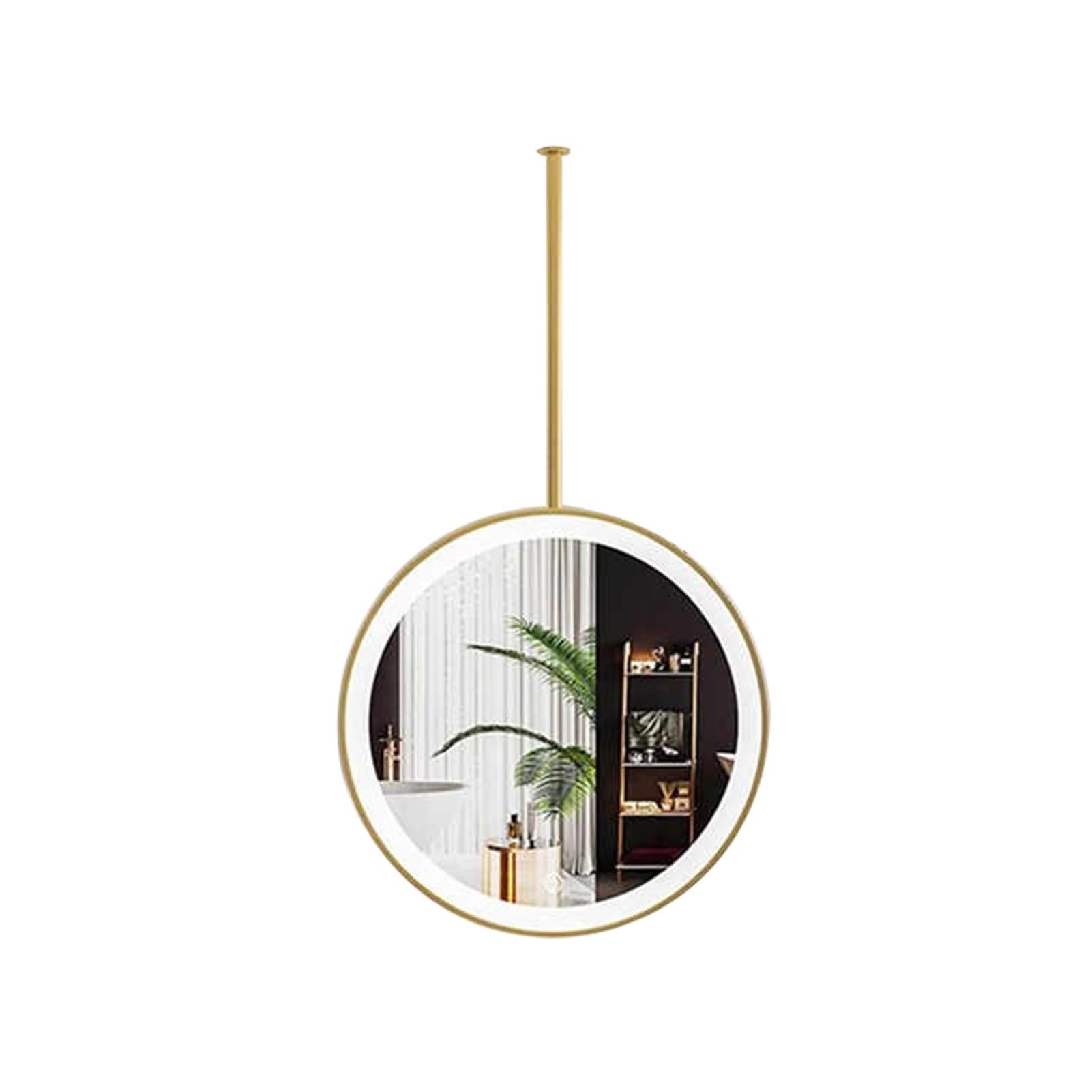 XTGDIEM Round LED Ceiling-Suspended Mirror – 3-Color Lighting & Adjustable Brightness; Suitable For Hallways, Bathrooms, And Vanities; Customizable Metal Rod(Gold,70cm)