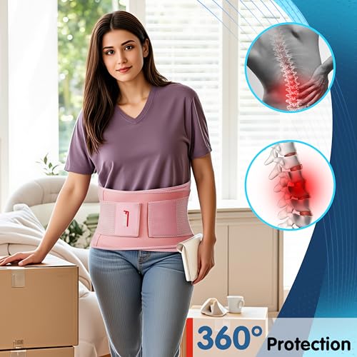 Image of FEATOL Back Brace for Lower Back Pain, Breathable Back Support Belt for Women & Men with Lumbar Pad, Lumbar Support Belt for Heavy Lifting & Work, Pink, L /XL (Circumference:30-38.6 inch)