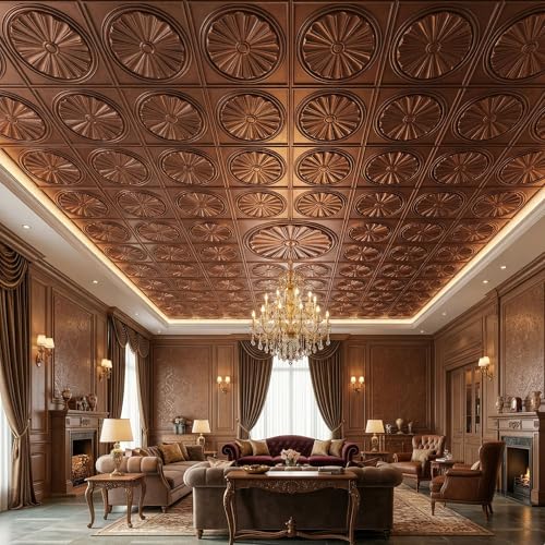 Image of Kayra Decor PVC Ceiling Panel 60x60 cm |Sunburst Panel|Red Copper|12 Tiles Cover 48 Sq Ft| Modern False Ceiling|Royal & Elegant Finish