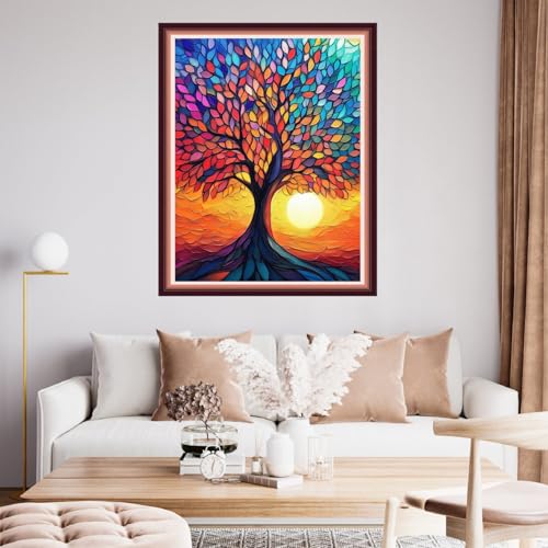 Image of Fanxvivy Stamped Cross Stitch Kits for Beginners Full Range of Cross Stitching Preprinted Embroidery Kits for Adults, 11CT Embroidery Pattern Needlepoint Kits-Colorful Tree Sunrise 16x20 inch
