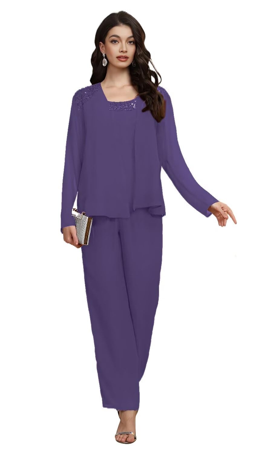 3 Pieces Mother of The Bride Pant Suits with Sequin Womens Formal Outfit Chiffon Jumpsuit