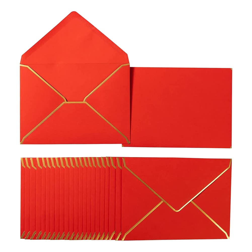 Lot de 100 Enveloppes A7 5 X 7 Enveloppes pour Cartes Enveloppes à Rabat en V avec Bordures DoréEs pour Cartes-Cadeaux, Invitations (Rouge)
