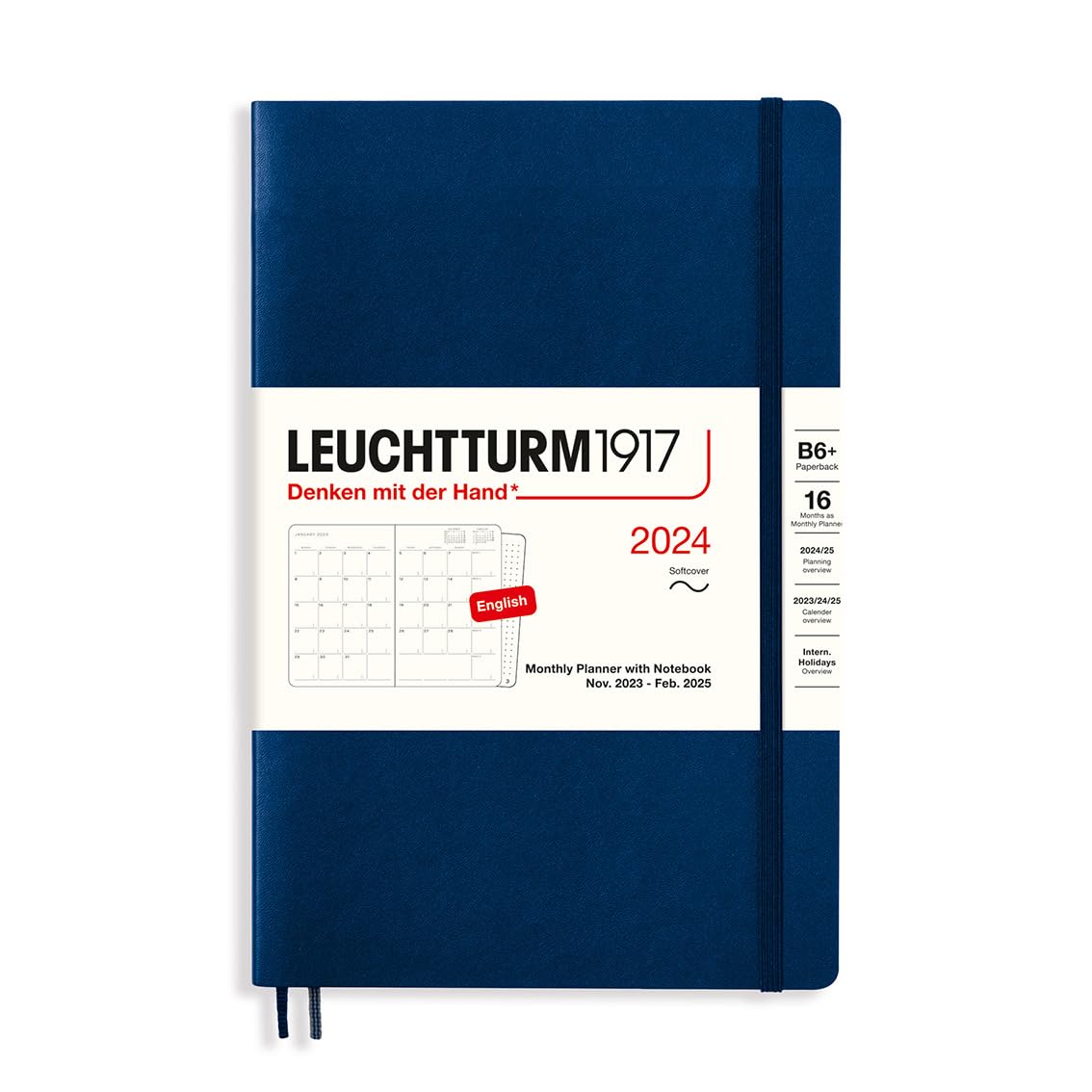 LEUCHTTURM1917 367577 Monthly Planner & Notebook Paperback (B6+) 2024, 16 Months, Softcover, Navy, English