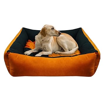 Hiputee Ultra Soft Rectangular Reversible Bed for Dog and Cat with 2 Extra Pillows (XXXL, Orange Black)