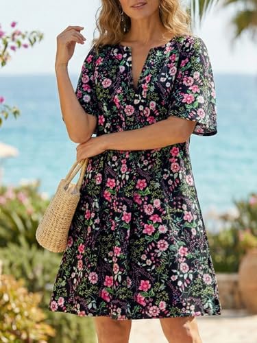 Image of Wenrine Womens Flutter Short Sleeve Mini Dress Casual V Neck Loose Flowy Summer Dresses
