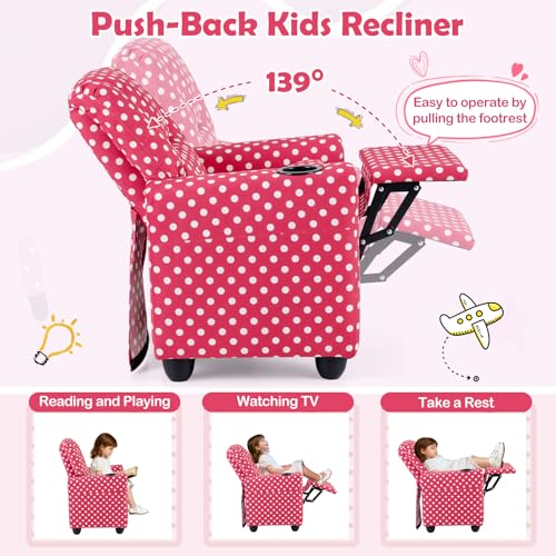Image of Kids Recliner, Toddler Lounge Chair w /Cup Holder, Wide Armrest, Kids Sofa w /Adjustable Footrest, Comfy Toddler Recliner Chair for for Boys & Girls 3 + (Fabric, Red Polka Dots)