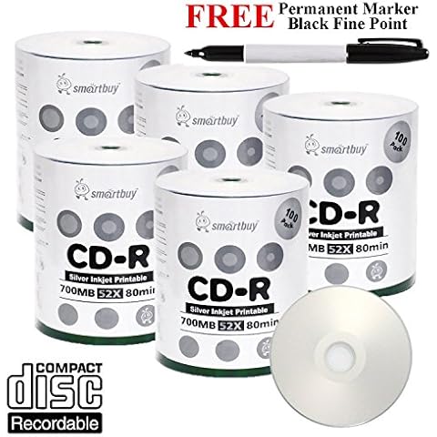 Smartbuy 500-disc 700mb/80min 52x CD-R Silver Inkjet Hub Printable Blank Media Disc + Black Permanent Marker Cover