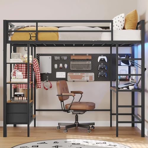 Opiniones de Literas Mexico que puedes comprar esta semana. 44 MYXSRI Litera Matrimonial con Escritorio y Luces LED, Cama Alta de Metal con Estación de Carga, 4 Estantes de Almacenamiento y 2 Cajones, Litera con Barra para Ropa...