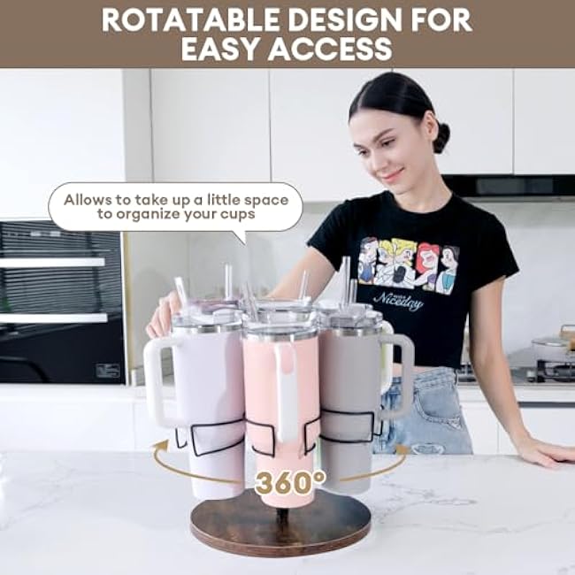 Nidouillet Water Bottle Organizer, Cup Stand for Stanley, Rotatable Cup Holder for Stanley 40oz Tumbler with Handle, Cup Storage Rack Stanley Cup Organizer for Kitchen, Sideboard and Corner, Brown