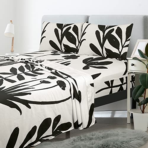 Royale Linens 300 Thread Count Printed 100% Cotton 3 Piece Twin Bed Sheet Set - Sheet Set - 1 Fitted Sheet, 1 Flat Sheet, 1 Pillow Case - Fade Resistant Twin Size Sheet Set (Twin, Black&White Floral) #TOP2