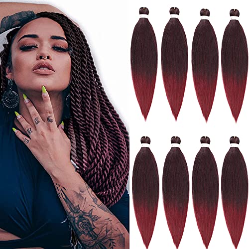 Ombre dark red Pre-Stretched Braiding Hair Extensions Mix - 26 inch 8 Packs Synthetic Crochet Braids Natural Braid Crochet Hair Hot Water Setting Professional Soft Yaki Texture
