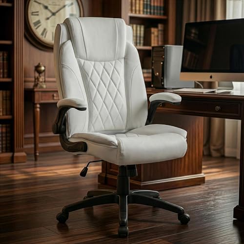 Image of DROGO Dominus Ergonomic Office Chair for Work from Home | Computer Chair for Study | PU Leather Executive Boss Chair with Flip-Up Armrest, Wide Cushion Seat (White)