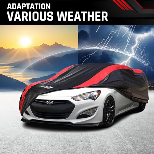 Image of Car Cover Custom Fit for Hyundai Genesis Coupe 2008-2016 | Red Strip Design, Cotton Liner for Paint Protection, Sun Rain Snow UV Proof, Door Zipper, Windproof Buckle, Storage Bag