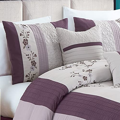 Edredón bordado floral King de Chezmoi Collection en morado y gris 4