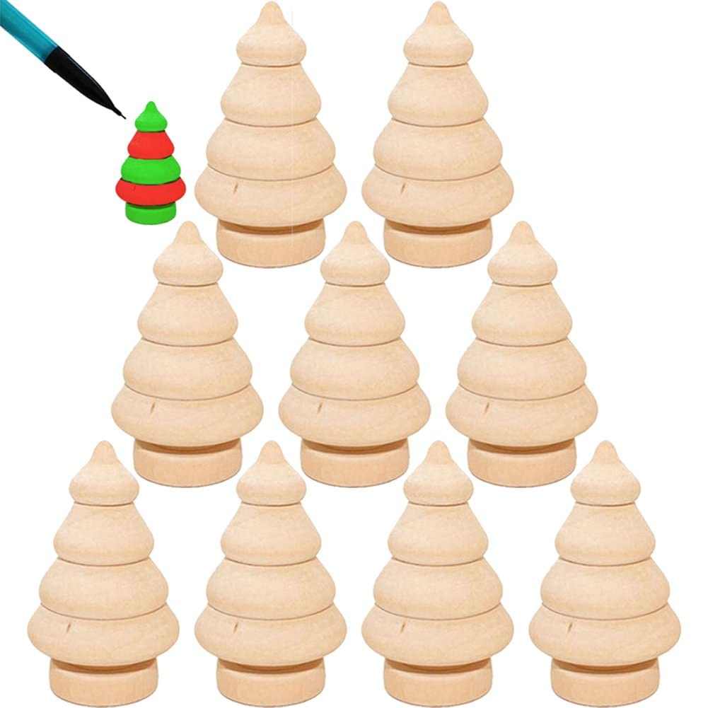 10pcs Unfinished Wood Tree Wood Christmas Tree Figures Blank Graffiti Wooden Tree for Arts Handmade Crafts