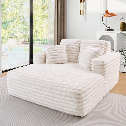 Image of JEEOHEY 56 inch Oversized Chaise Lounge Chair Indoor,Plush Faux Fur Sleeper Sofa Couch Bed with Pillows&Wide Armrests,Fluffy Comfy Cloud Couch,Compression Foam Couch for Living Room,Bedroom(Beige)