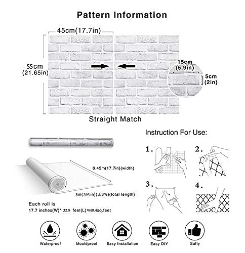 393”×18” Gray White3D Brick Contact Paper Self Adhesive Stick And Peel Paper Stick Paper Brick Wallpaper Roll Peel Stick Textured White Gray Brick Wallpaper Brick Removable Wallpaper Vinyl Film #TOP2