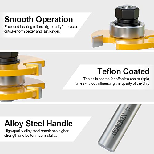 Image of Professional 2 PCS Tongue and Groove Router Bit Set 1 /2 Inch Shank, 3 Teeth T Shape Wood Milling Cutter Woodworking Tools, Matched Oak Hardwood Floor Wainscoting Boards Joinery Router Bit