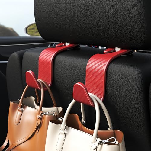 Image of 4-Pack Car Headrest Hooks Holds 55lbs Seat Storage Organizer for Bags | Durable ABS Material, 360 Rotating, Car Hanger for Backpack Umbrella Water Bottle Coat Handbags Groceries, Checkered Red