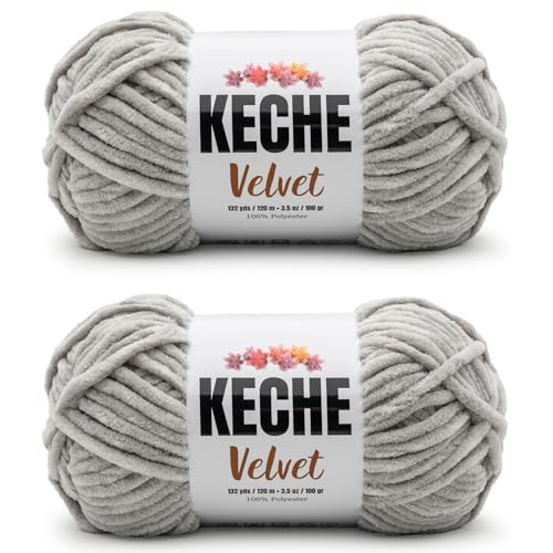 Image of Keche Velvet Yarn for Crocheting, Soft Chenille Bulky Baby Blanket Amigurumi Yarn 2x100 gr (2x132 yds) (2 Skeins) Light Grey
