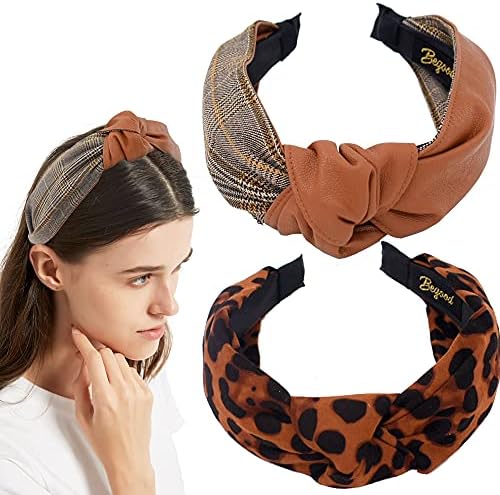 BEGOOD Leopard Knotted Headbands for Women, Headbands for Women PU Plaid Headband Wide Knot Headband for Women Fashion Hair Accessories Turban Top Twist Knot Hairbands
