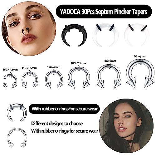 YADOCA 30Pcs Septum Pincher Tapers 16G 14G 12G 10G 8G 6G Horseshoe Septum Rings Acrylic Stainless Steel C Shape Septum Piercing Jewelry Nose Ear Cartilage Septum Stretching Kit for Women Men2