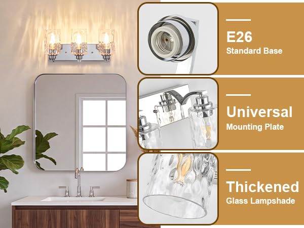 Image of 3-Light Bathroom Light Fixtures Modern Chrome Vanity Lights | Easy to Install Clear Hammered Glass Shades, Rippled Glow, Wall Mount Up or Down, E26 Socket, Hardwired, 120V