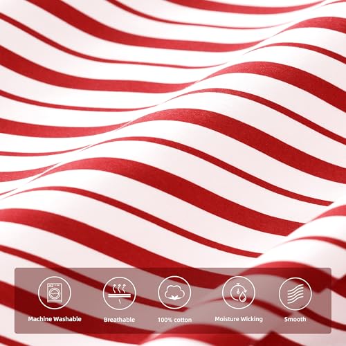 Image of Burgundy Red Striped Sheets Set Queen Size 4 Piece - Super Soft, Easy Care & Breathable Red and White Pinstripe Bed Sheet Set with 16-Inch Deep Pockets, Great Gift for Christmas & Birthday
