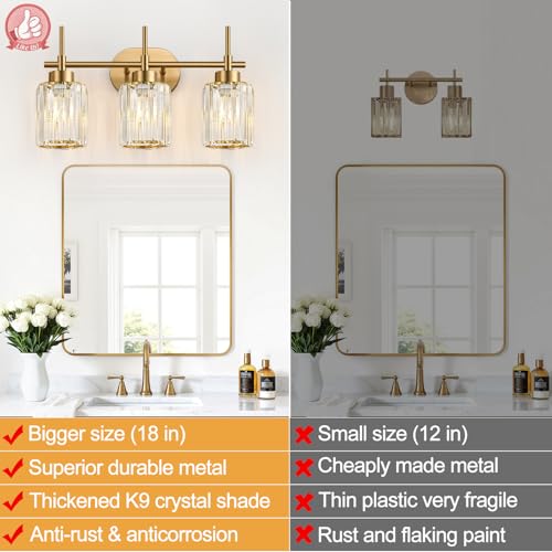 Image of Modern Crystal Bathroom Vanity Light, 3-Light Brushed Gold Bathroom Light Fixtures with Clear Shades, Vanity Lighting Fixtures Over Mirror (Exclude Bulb)