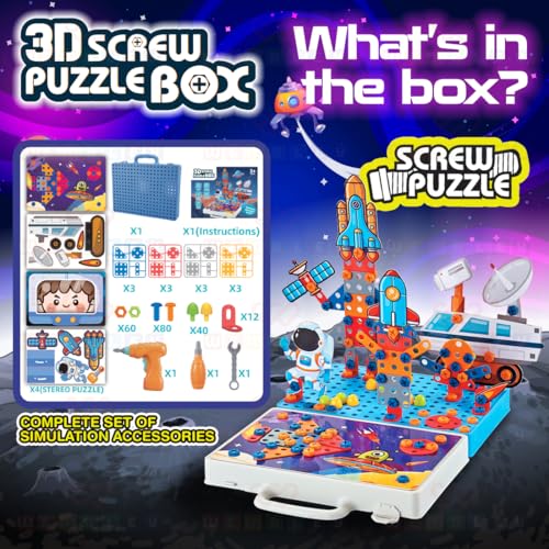 Image of Wembley 4 in 1 Toy Drill Screw Tool Set for Kids 3 4 5 6 7+ 3D Puzzle Box STEM Learning DIY Building Block Kit Creativity Educational Construction Promotes Motor Skills - Space Theme