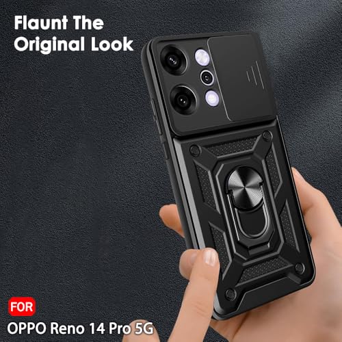 Image of TheGiftKart Tough Armor Bumper Back Cover Case for Oppo Reno 14 Pro 5G | Sliding Camera Cover, Kickstand & Ring Holder | 360 Degree Protection Back Cover Case for Oppo Reno14 Pro 5G (PC & TPU, Black)
