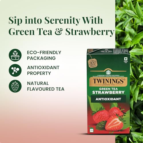 Image of Twinings Green Tea & Strawberry, 25 Tea Bags| Pack of 1| Perfectly Balanced & Refreshing Taste| Light, Fruity Flavour| Low Calorie| Handpicked Green Tea Leaves| Enjoy as Hot or Iced Tea