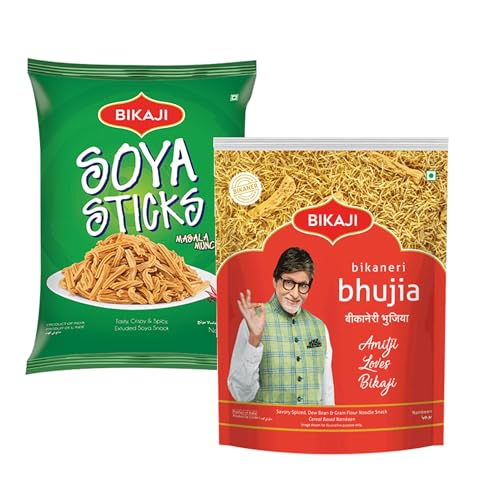 Bikaji Soya Sticks & Bhujia Combo – 400g | Ready to Eat Crunchy Indian Namkeen | Tea-Time Munchies, Bar Snack & Party Mix | Authentic Bikaneri Snack Pack for Sharing & Everyday Snacking