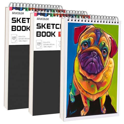 Image of Soucolor Sketch Book,3 Pack 9 inchx12 inch Sketchbook for Kids Drawing Paper Pad | 300 Sheets Spiral Bound, Acid-Free 68lb /100gsm Art Paper for Kids Artists, Perforated Pages Suitable for all dry media