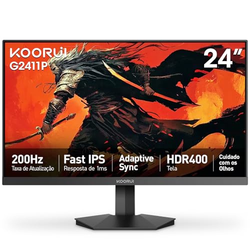 Monitor Gamer KOORUI 24", 200Hz 1ms Fast IPS, Tela FHD HDR400, 90% DCI-P3 de Gamut de Cor, Adaptive Sync, Moldura Ultra Fina, Suporte VESA, HDMI 2.0, DP 1.4, G2411P